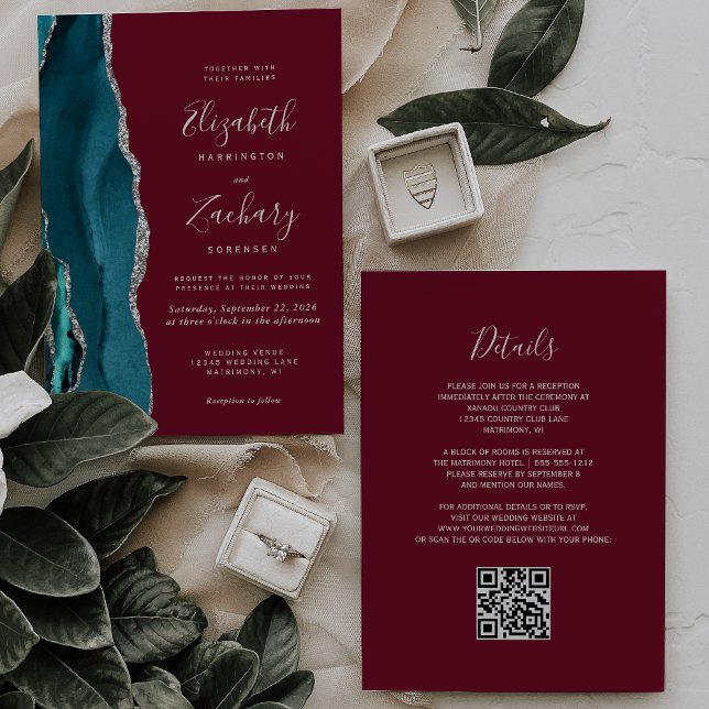Teal Silver Agate Burgundy QR Code Wedding Invitation (Creator Uploaded)