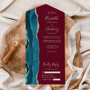 Teal Silver Agate Burgundy Wedding All In One Invitation