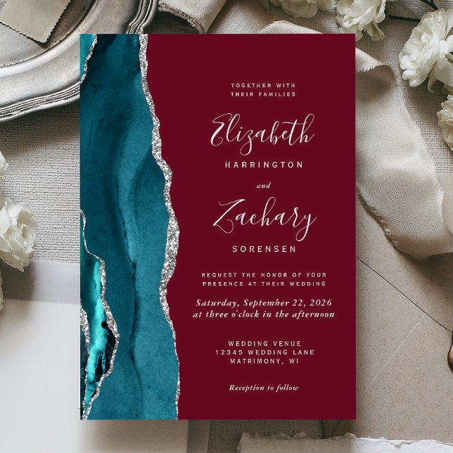 Teal Silver Agate Burgundy Wedding Invitation (Creator Uploaded)