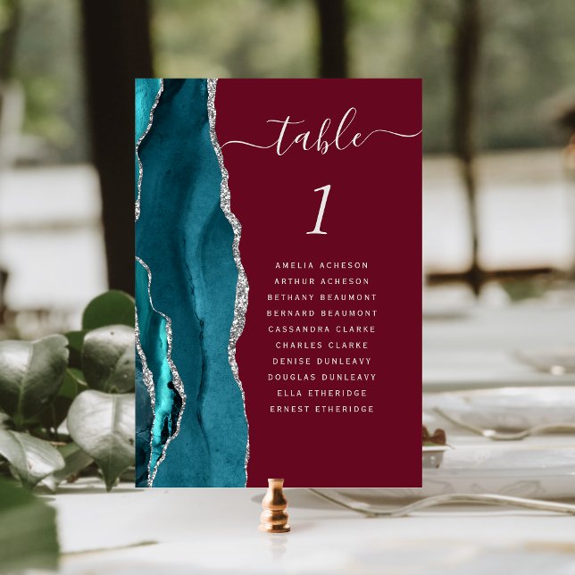 Teal Silver Agate Burgundy Wedding Table Number (Creator Uploaded)