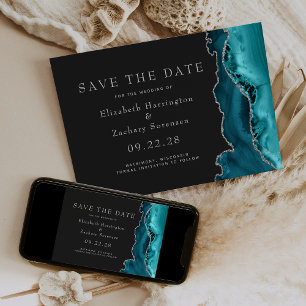 Teal Silver Agate Dark Save the Date Invitation