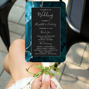 Teal Silver Agate Dark Wedding Program Hand Fan