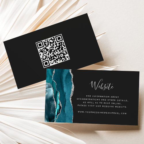 Teal Silver Agate Dark Wedding Website QR Code Enclosure Card