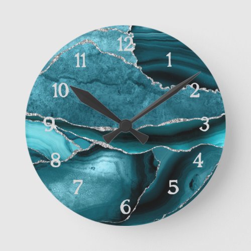 Teal Silver Agate Glitter Navy Blue Geode Round Clock