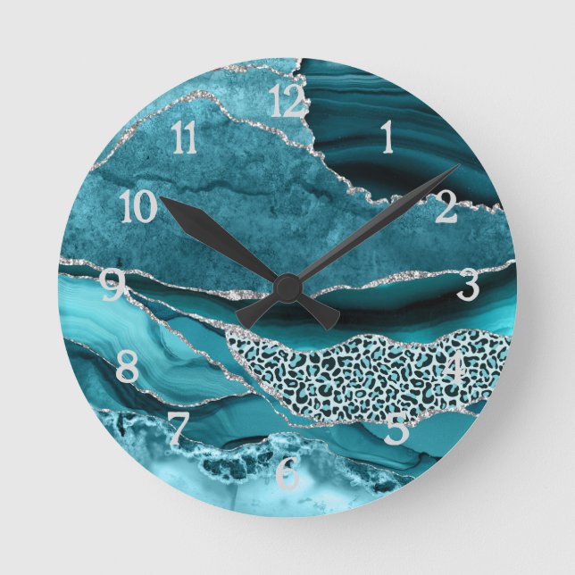 Teal Silver Agate Glitter Safari LEopard Print Round Clock (Front)
