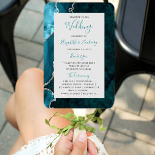 Teal Silver Agate Gray Wedding Program Hand Fan