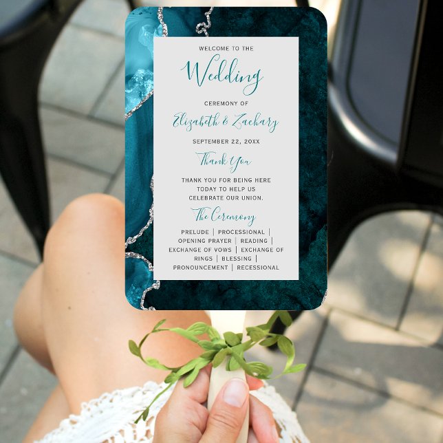 Teal Silver Agate Gray Wedding Program Hand Fan (Creator Uploaded)