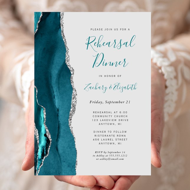 Teal Silver Agate Gray Wedding Rehearsal Dinner Invitation (Creator Uploaded)