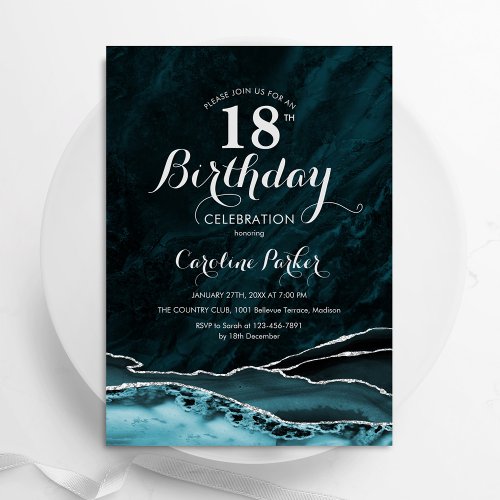 Teal Silver Agate Marble 18th Birthday Invitation