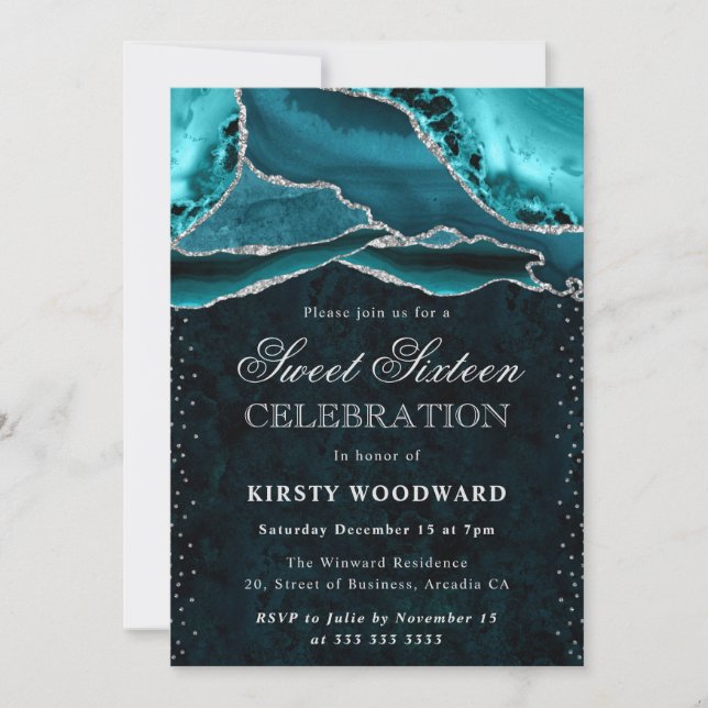 Teal Silver Agate Marble Glam Sweet 16 Invitation (Front)