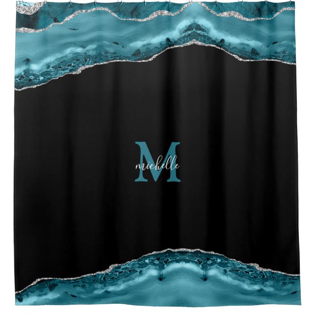 Teal & Silver Agate Personalized Monogram Shower Curtain (Front)