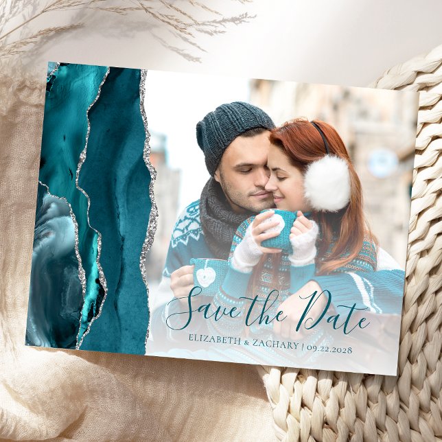 Teal Silver Agate Photo Save the Date Postcard (Creator Uploaded)