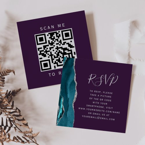 Teal Silver Agate Purp Wedding QR Code RSVP Enclosure Card