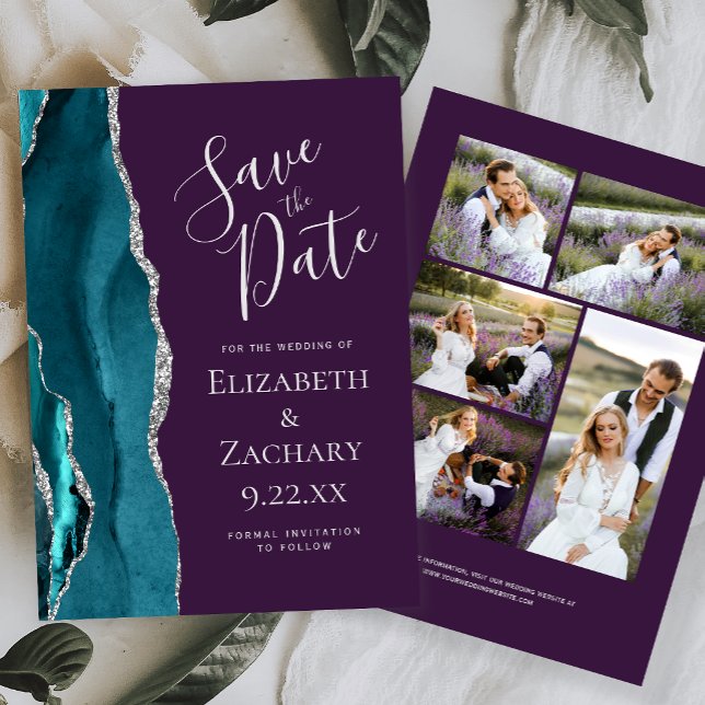 Teal Silver Agate Purple 5-Photo Save the Date Invitation (Creator Uploaded)