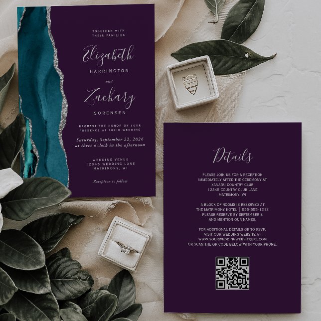 Teal Silver Agate Purple QR Code Wedding Invitation (Creator Uploaded)