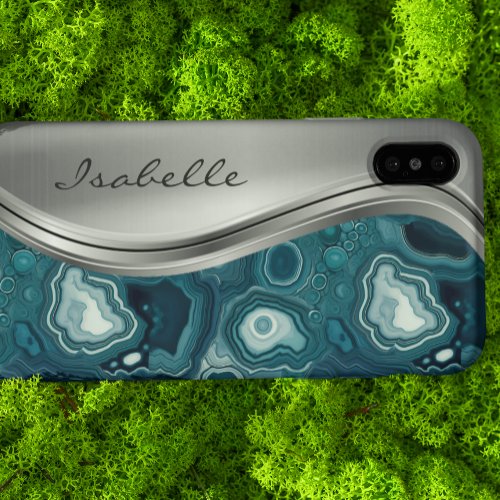 Teal Silver Agate Stone Personalized Metal Case_Mate iPhone 14 Case