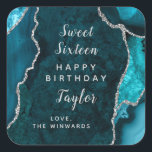 Teal Silver Agate Sweet Sixteen Happy Birthday Square Sticker<br><div class="desc">This elegant and glamorous sticker can be personalized with a name or title such as daughter,  granddaughter,  niece,  friend etc. The design features a teal blue agate marble background with faux silver glitter accents. The text combines handwritten script and modern sans serif fonts for a classy and sophisticated look.</div>
