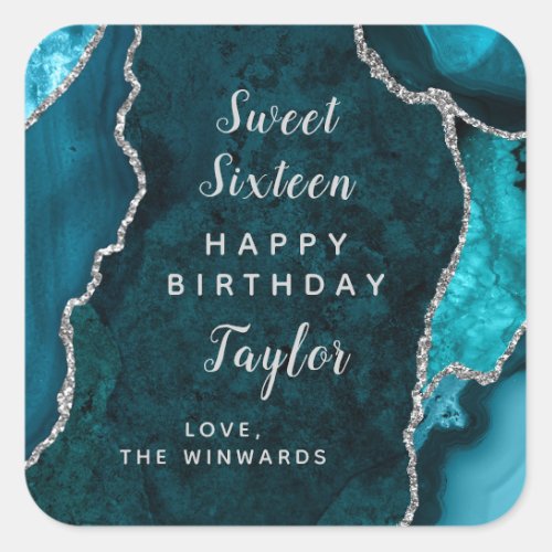 Teal Silver Agate Sweet Sixteen Happy Birthday Square Sticker