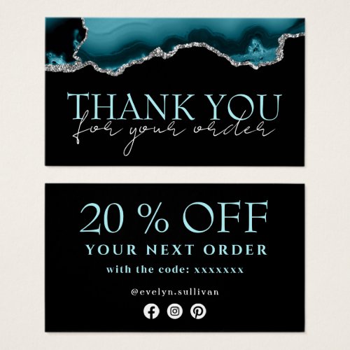 Teal silver agate thank you discount card