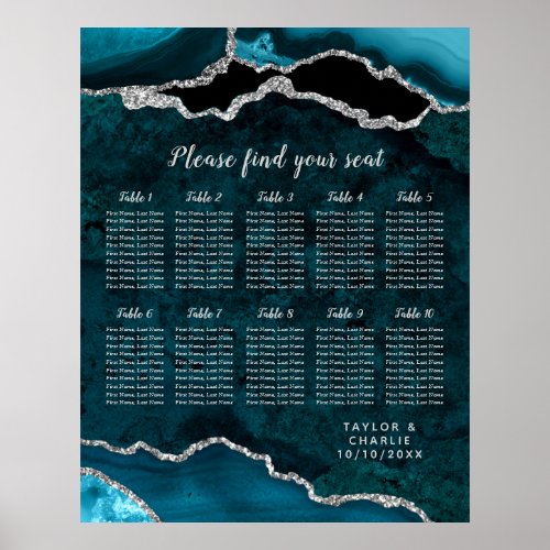 Teal Silver Agate Wedding 10 Table Seating Chart