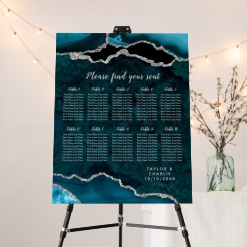 Teal Silver Agate Wedding 10 Table Seating Chart Foam Board