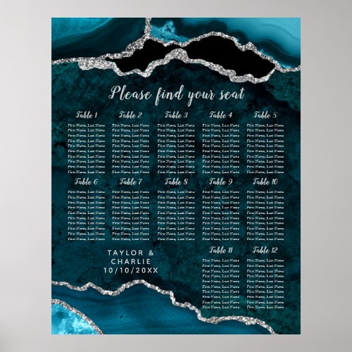 Teal Silver Agate Wedding 12 Table Seating Chart