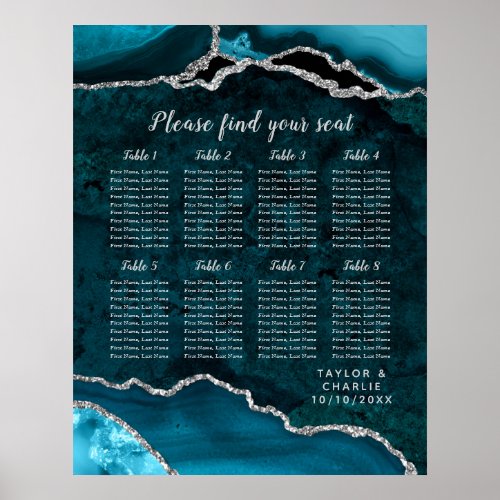 Teal Silver Agate Wedding 8 Tables Seating Chart