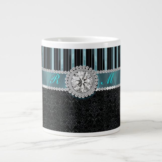 Teal , Silver and Black Diamond Monogram Giant Coffee Mug (Front)