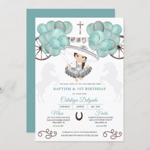 Teal  Silver Balloons Mexican Baby Charra Baptism Invitation