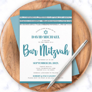 Teal Silver Bar Mitzvah Tallit Simple Modern Bold Invitation