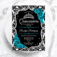 Teal Silver Black Damask Elegant Quinceanera