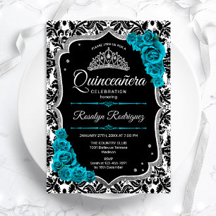 Teal Silver Black Damask Elegant Quinceanera Invitation