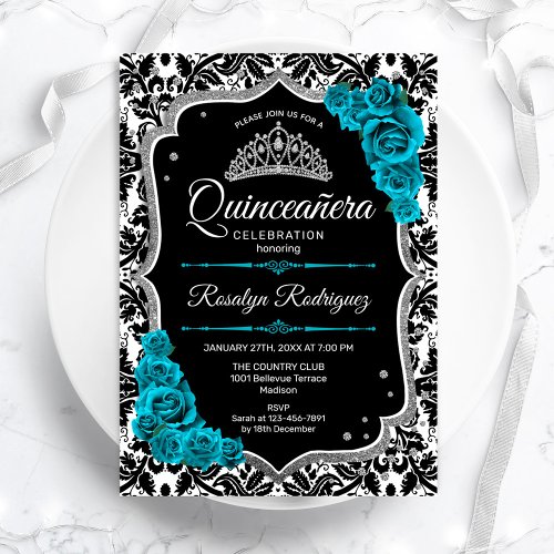 Teal Silver Black Damask Elegant Quinceanera Invitation
