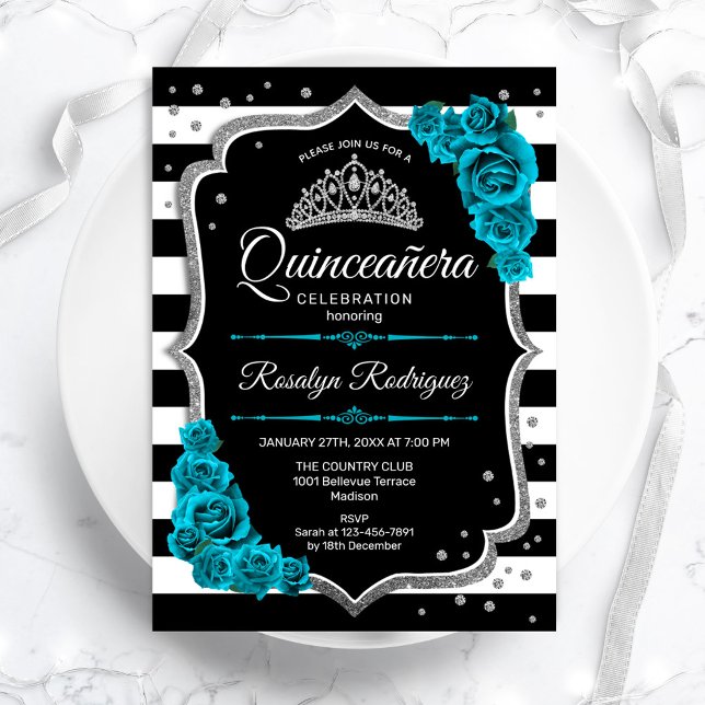 Teal Silver Black Elegant Quinceanera Invitation (Creator Uploaded)