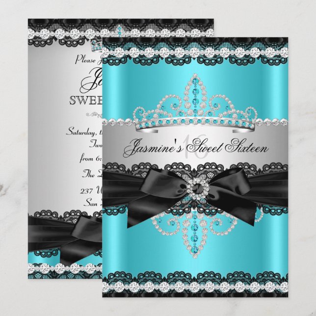 Teal Silver Black Lace Sweet 16 Birthday Party Invitation (Front/Back)