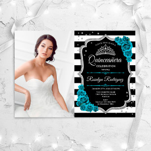 Teal Silver Black Quinceanera Party With Photo Invitation