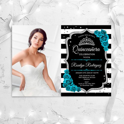 Teal Silver Black Quinceanera Party With Photo Invitation