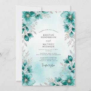 Teal Silver Botanical Winter Wedding Invitation