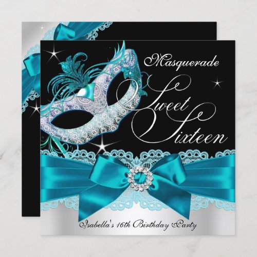 Teal Silver Bow Masquerade Sweet Sixteen Invite