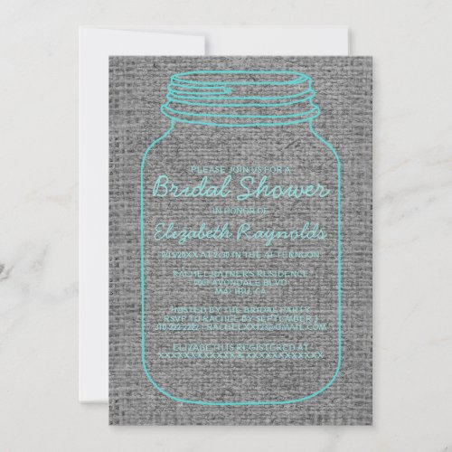 Teal Silver Burlap Mason Jar Bridal Shower Invites