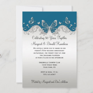 Teal Silver Butterflies 25th Anniversary Invitation