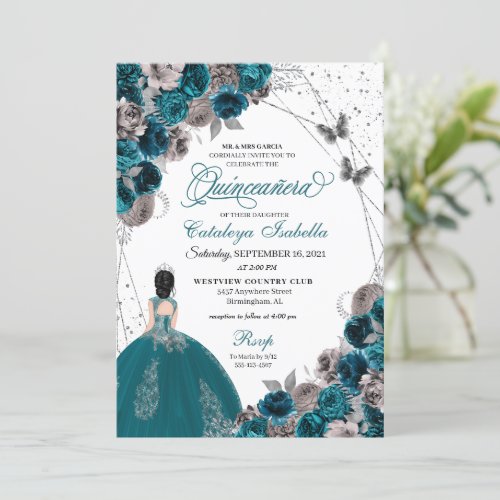 Teal  Silver Butterfly Princess Quinceanera Invitation