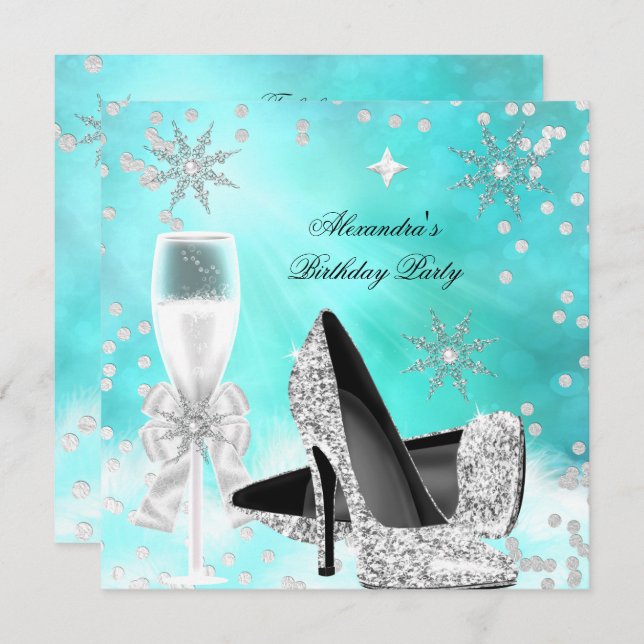 Teal Silver Champagne High Heels Birthday Invitation (Front/Back)