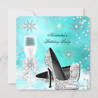 Teal Silver Champagne High Heels Birthday Invitation