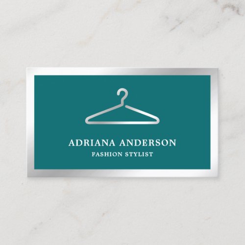 Teal Silver Clothes Hanger Fashion Stylist Business Card