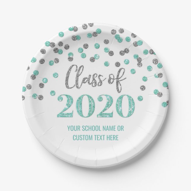 Teal Silver Confetti Graduation 2020 Paper Plates (Front)