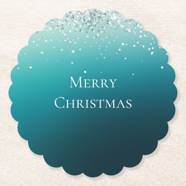 Teal Silver Confetti Paper Coaster (Front)