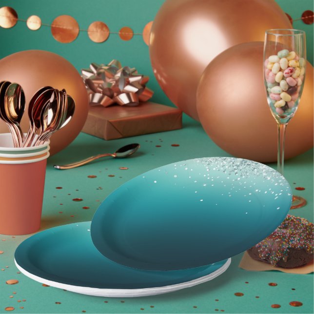 Teal Silver Confetti Paper Plates (Multi)