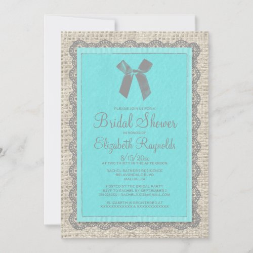 Teal Silver Country Burlap Bridal Shower Invites