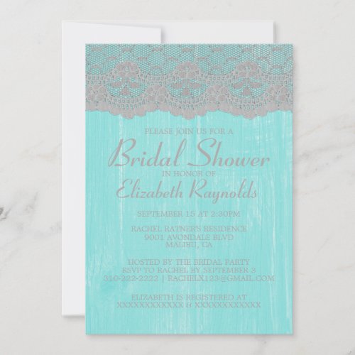 Teal Silver Country Lace Bridal Shower Invitations